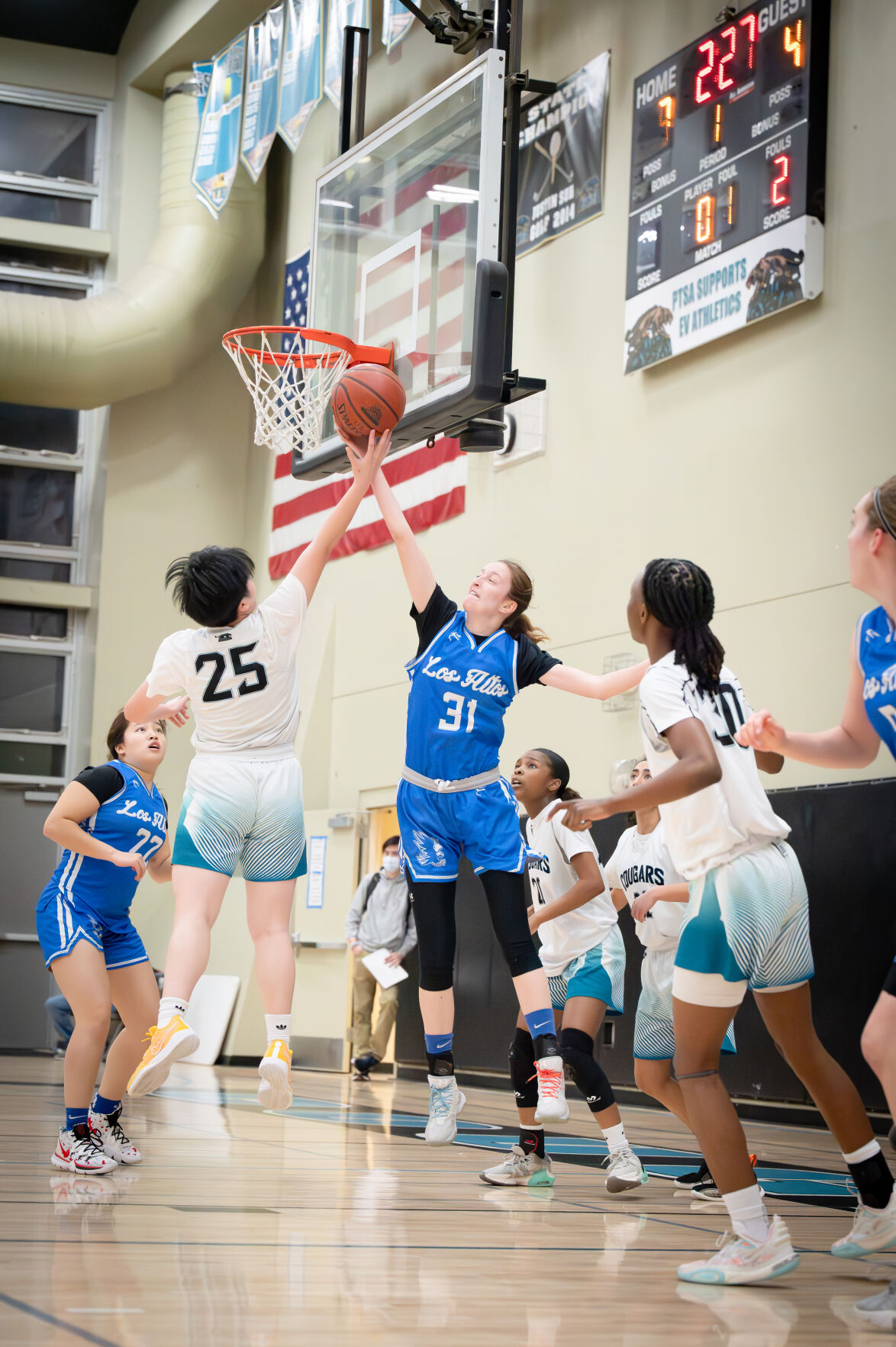 Los Altos forward Natalie Holm blocks a shot attempt by Evergreen Valley player Xuan-Mai Nguyen during the Feb. 20 CCS playoff game.