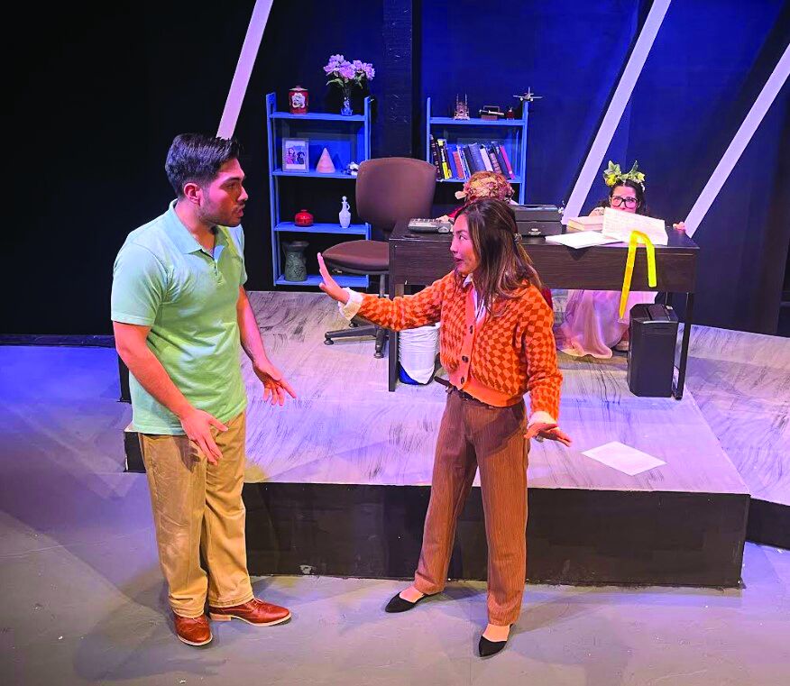 Ralph (Arturo Montes) and Daphne (Mai Abe) grapple with a historic loss as The Gods of Comedy Dionysus (Matt Regan) and Thalia (Jaime Melendez) look on.