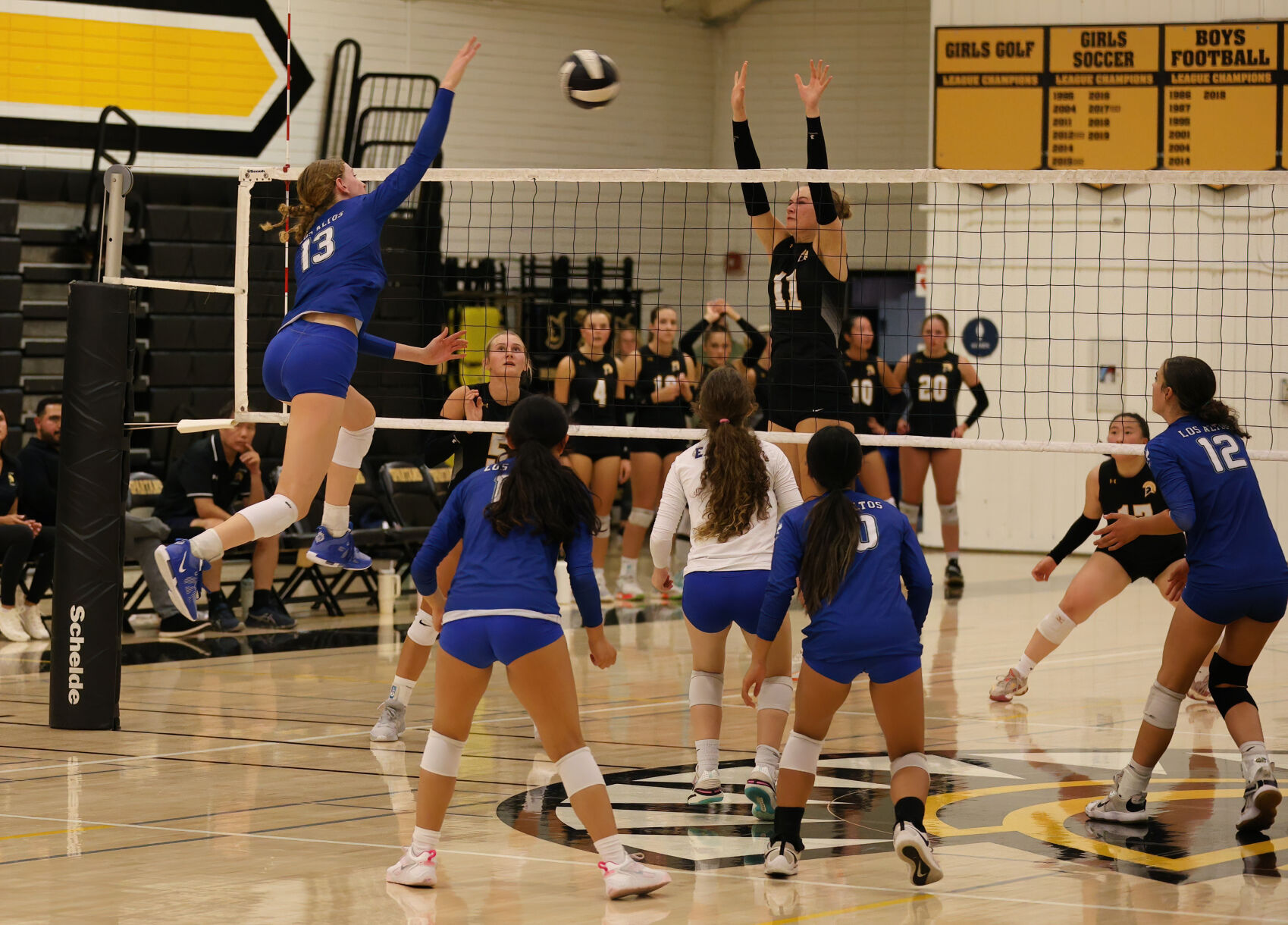 Los Altos outside hitter Aviya Russo, No. 13, goes up to spike the ball during the game against Mountain View Thursday. Russo finished with 32 kills in the win.