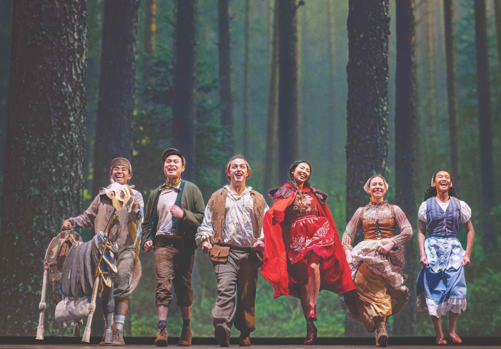 The cast of Foothill Music Theatre’s “Into the Woods” includes Mateo Urquidez, from left, Ryan Liu, James Schott, Mai Abe, Alicia Teeter and Samantha Mills.
