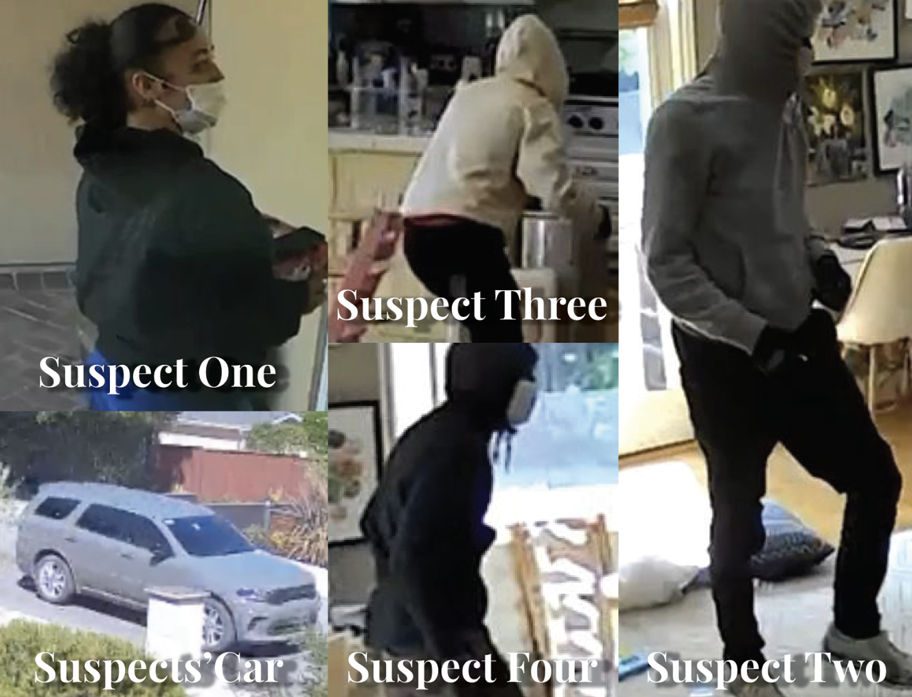 Suspects related to a burglary, along with their getaway car, are pictured above.
