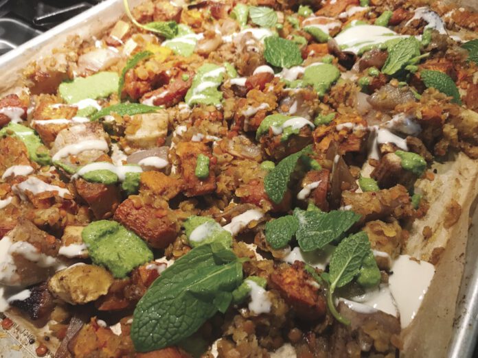 This delicious root vegetable and red lentil tray bake is flavorful, satiating and will help you keep on track with your 2024 health goals.