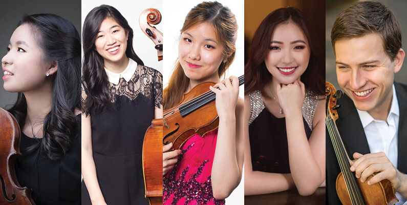 Musicians performing Sunday at Music@Menlo’s benefit concert include Lisa Sung, from left, Audrey Chen, Angie Wee, Chelsea Wang and James Thompson.