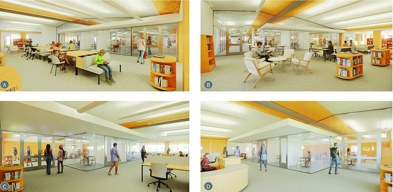 Design concept 1, shown in these preliminary illustrations, emphasizes clear dividing walls and meeting rooms.