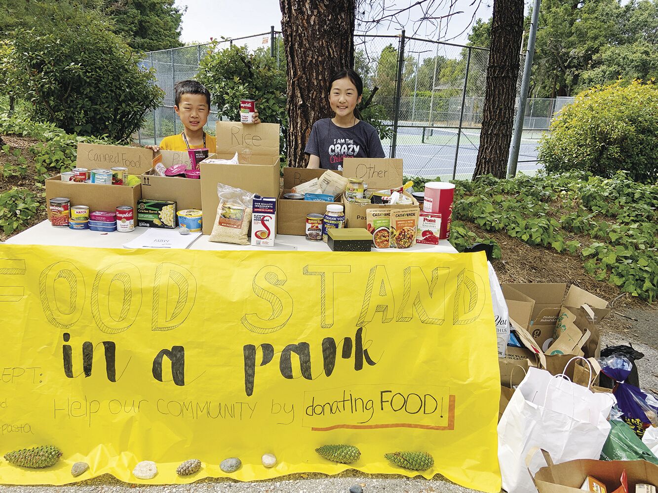 Chloey Fang, pictured above with younger brother James, operates a food stand at Marymeade Park in Los Altos earlier in the summer. What started as a school assignment has grown into the creation of her nonprofit, Food Stand in a Park.