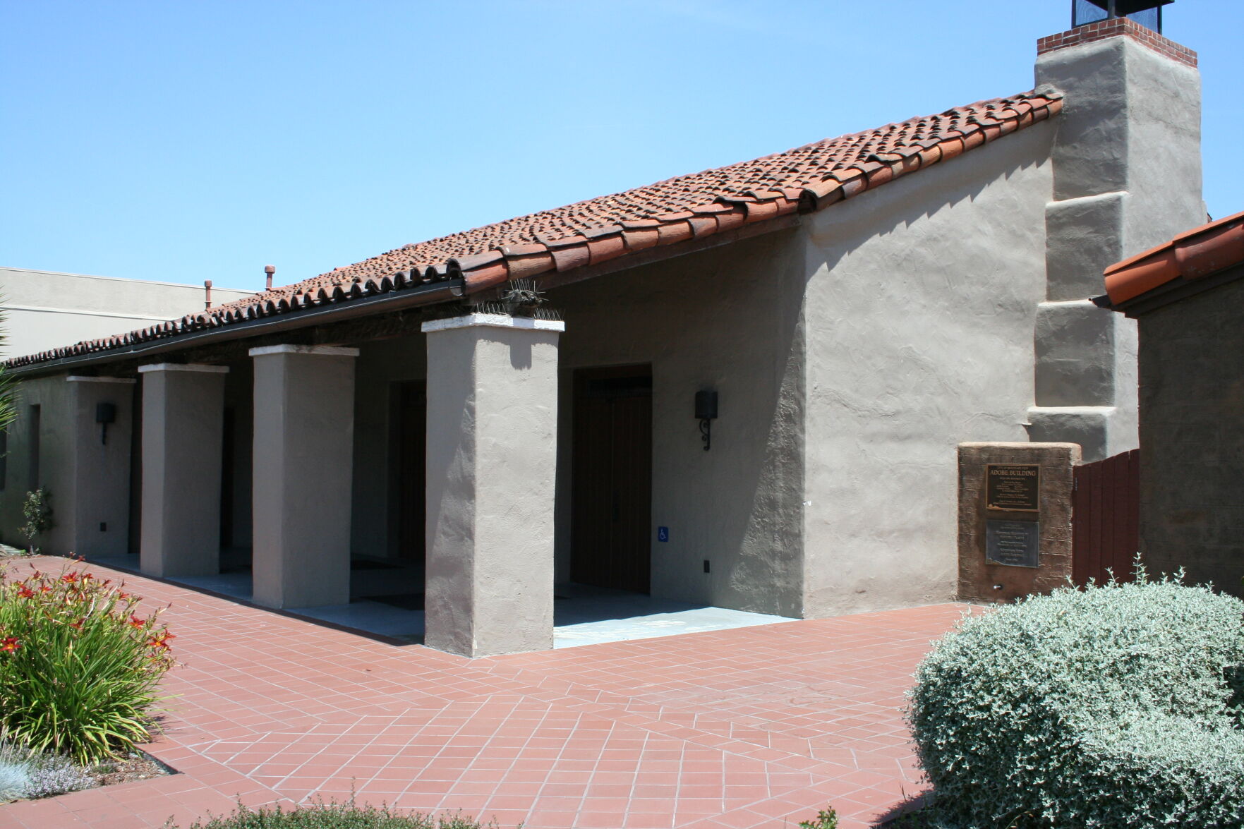 Exterior of the historic Adobe Building faces Moffett Boulevard in Mountain View.
