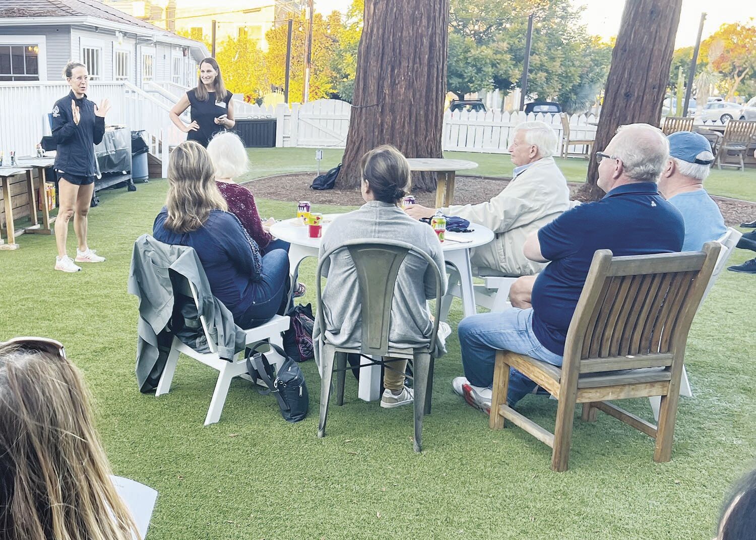 Anne Wojcicki, left, and Taylor Robinson, right, of the Anne Wojcicki Foundation, lead a meeting on traffic solutions for the intersection of Edith Avenue and Foothill Expressway.