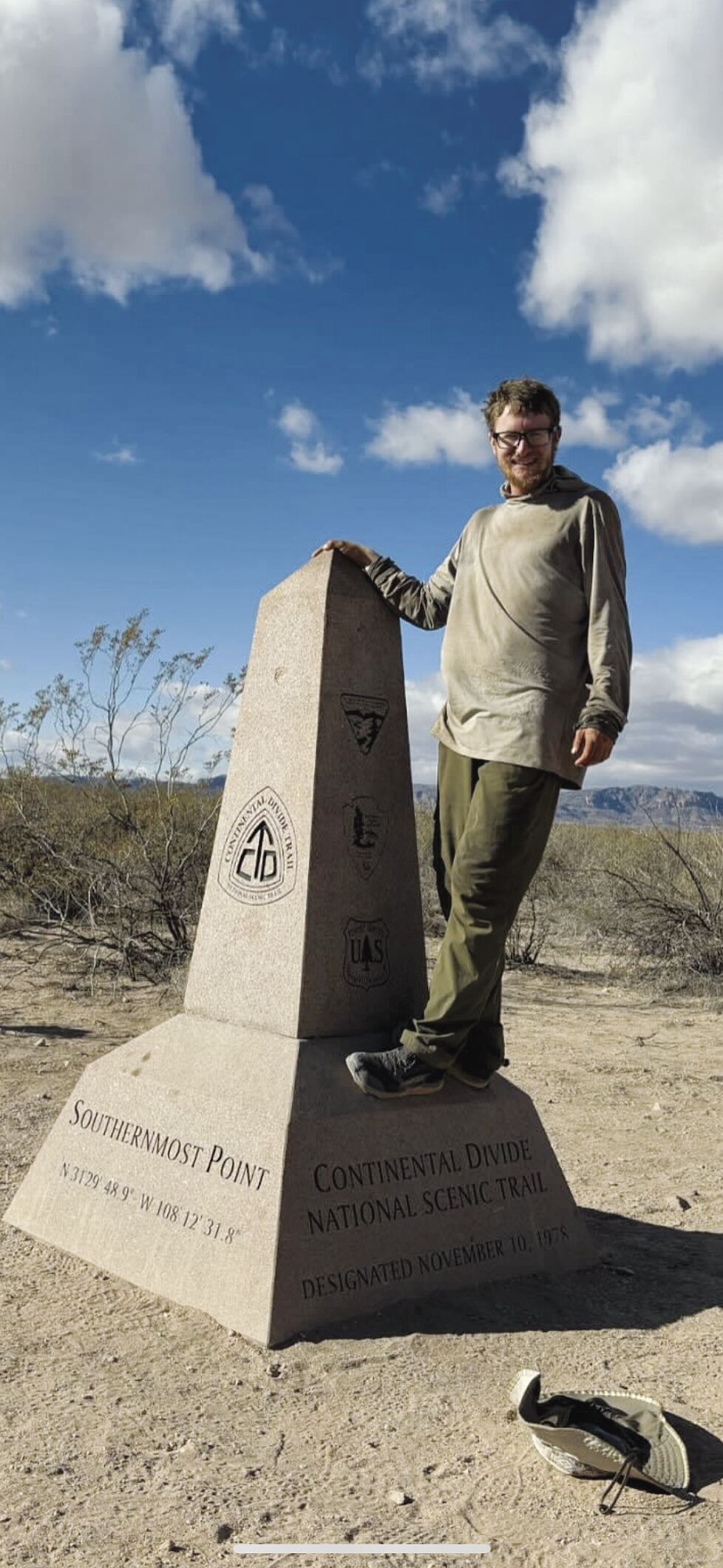 Tom Gabrielson stands at the southern terminus at the Continental Divide Trail.