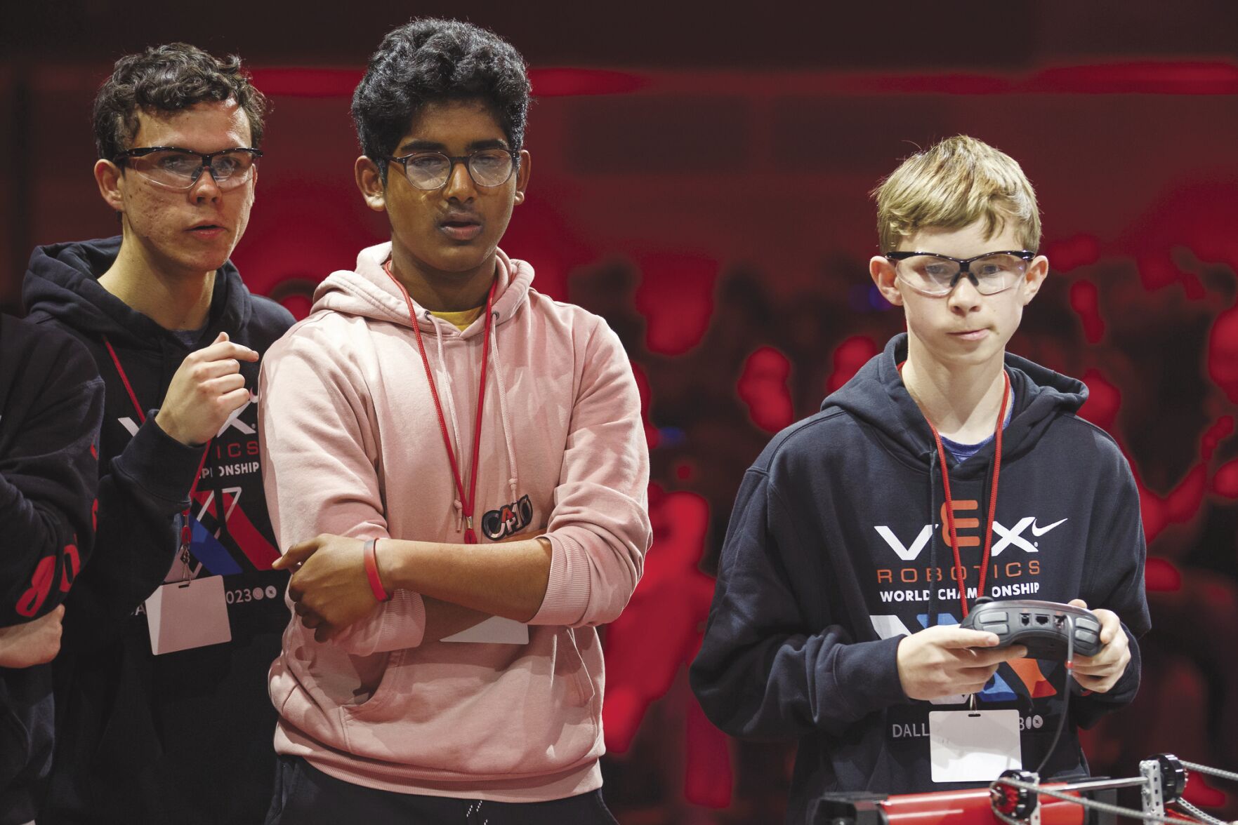 Timur Dayanov, from left, Saketh Vajrala and Alexander Dayanov were crowned world championships at the VEX High School World Robotics Championship in Dallas April 27.