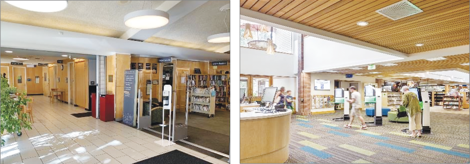 Pictured at left is the current lobby at the Los Altos main library. Pictured at right is a projected new lobby under a new remodel.