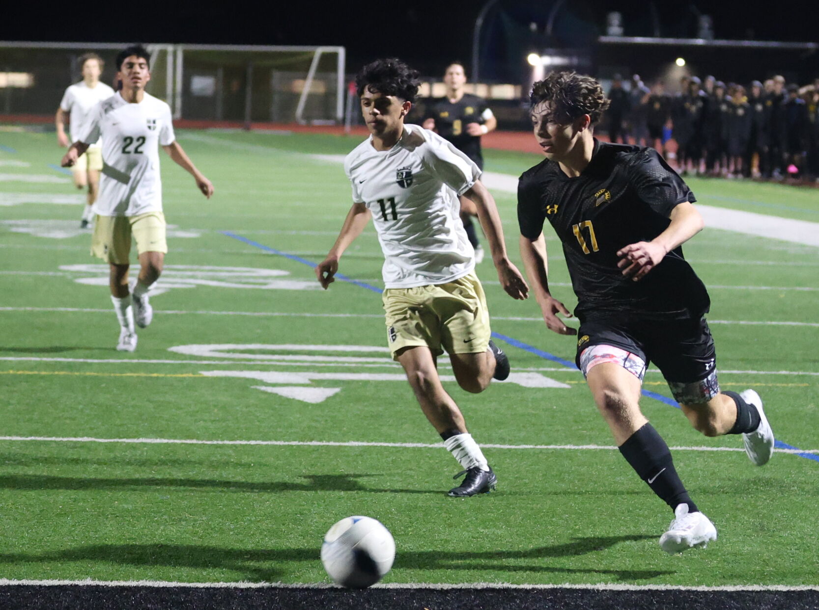 Mountain View forward Nicco Garzino gets ready to cross the ball in the Feb. 21 CCS loss to Archbishop Mitty.