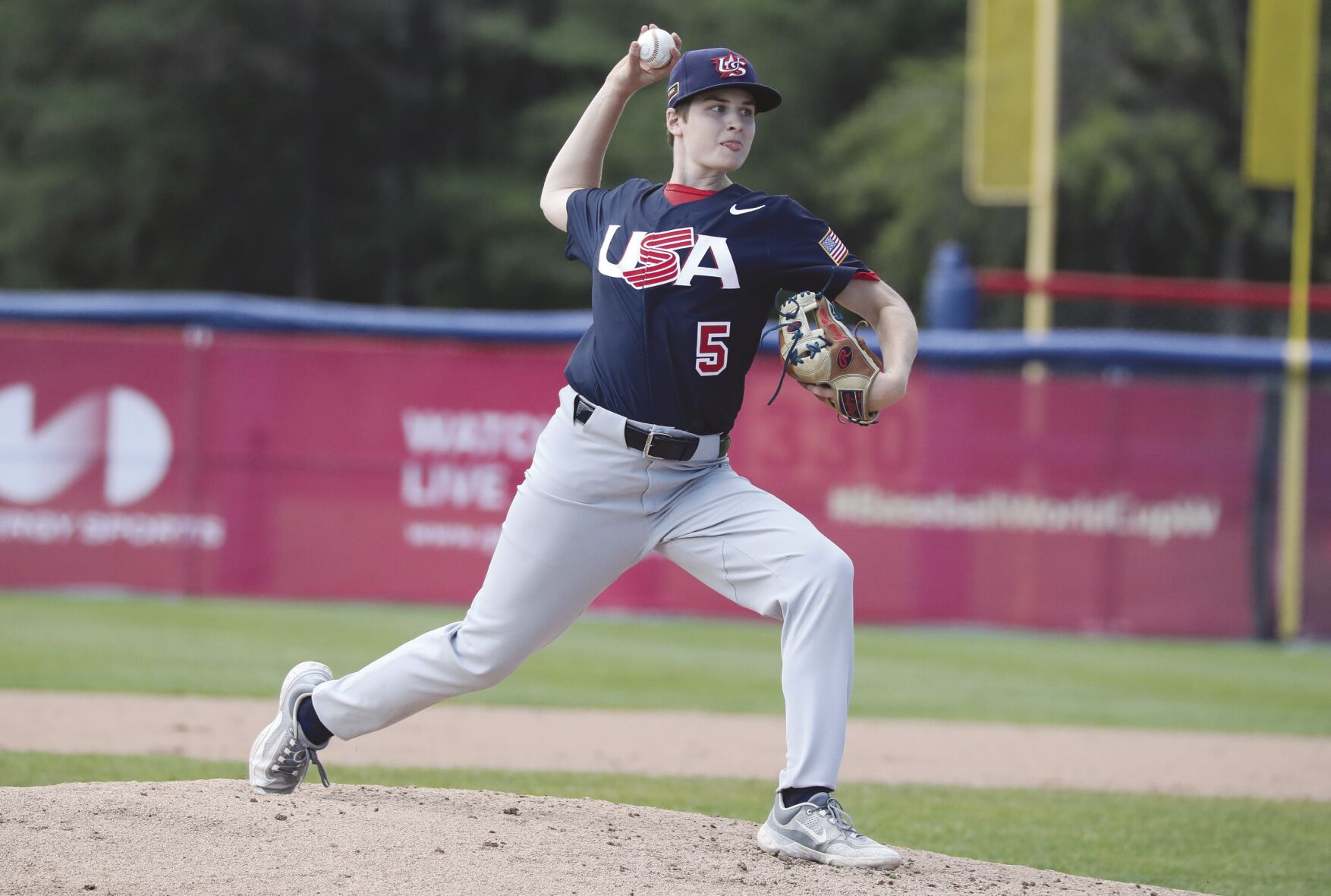 Los Altos native Jamie Baum pitches for Team USA in a game against South Korea earlier this month at the Women’s Baseball World Cup at Port Arthur Stadium in Ontario, Canada.
