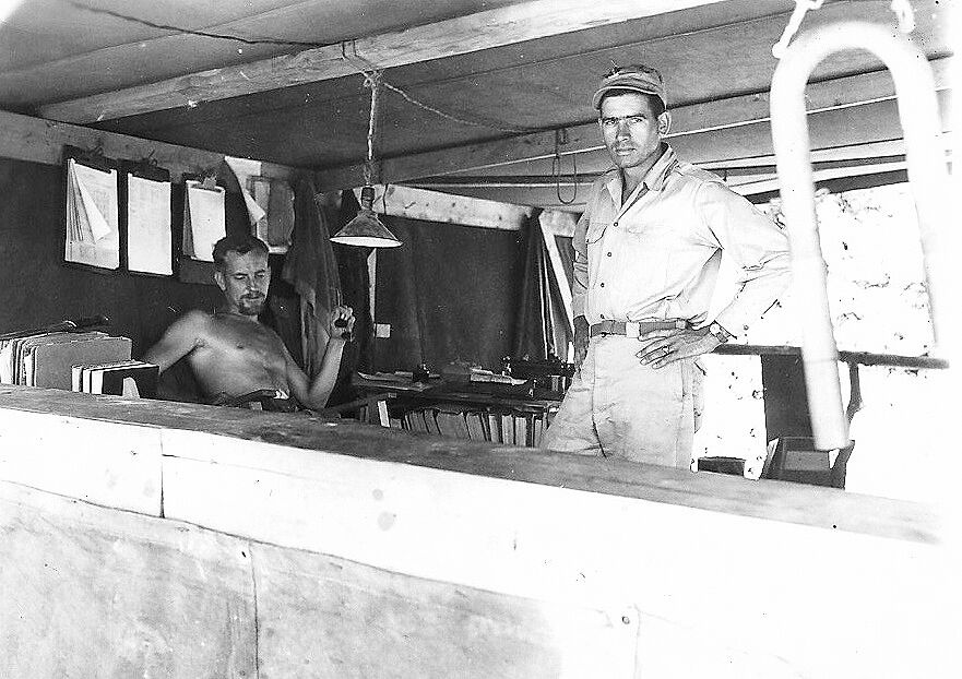 Capt. William Ashley Chapman on the island then called Ie Shima with an unidentified Navy pilot in 1945. He and his wife moved to Los Altos after World War II.