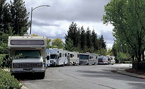 RVs lining Continental Circle, behind Palo Alto Medical Foundation in Mountain View. The city began enforcing long-contested oversized vehicle parking restrictions on Oct. 1.