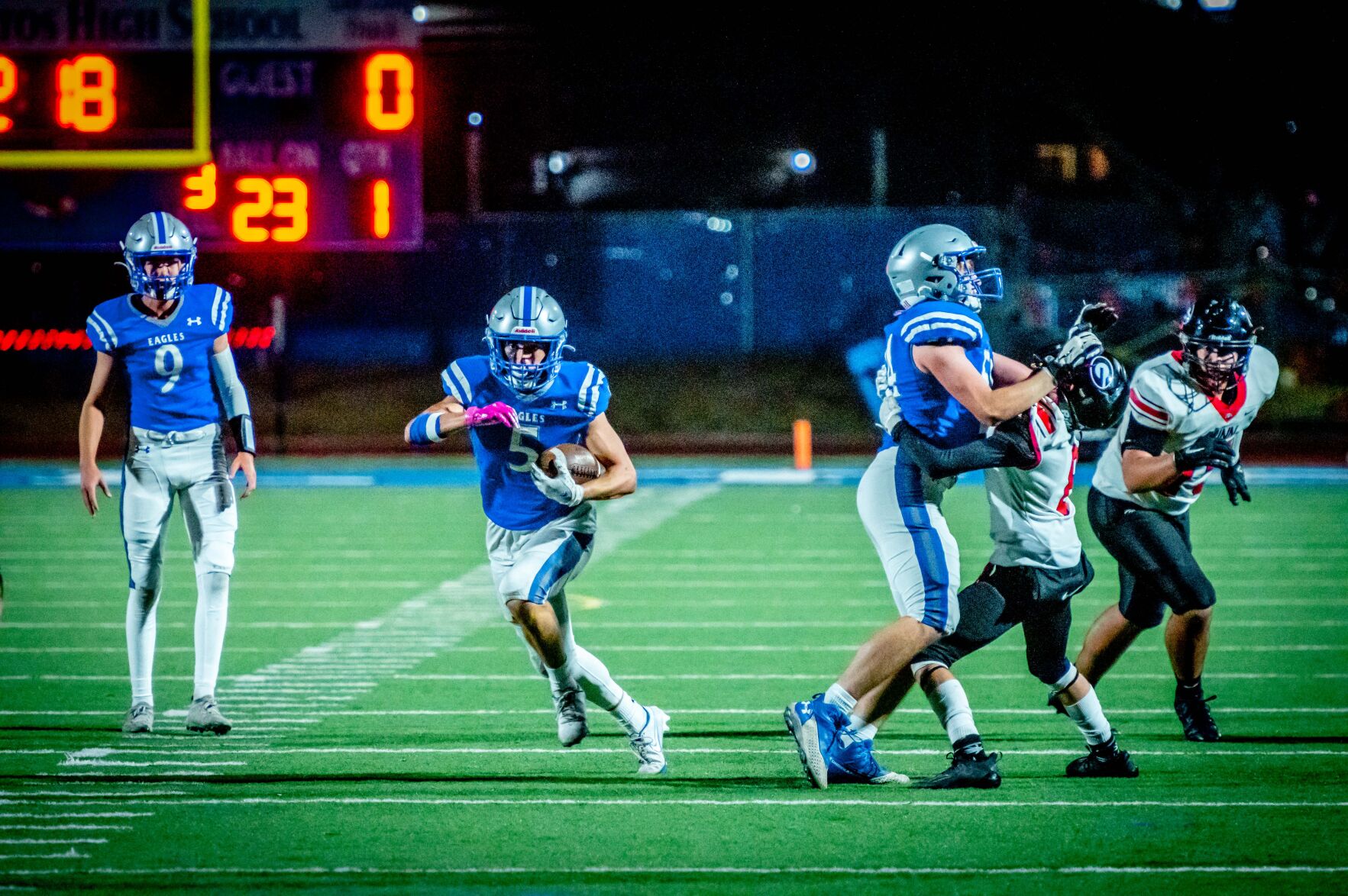 Los Altos High’s Zach Fagin eyes the end zone on one of his big runs in Friday’s rout of Gunn. He scored four touchdowns.