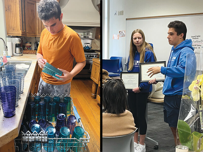 Los Altos High junior Austin Toubassi, left, washes reusable cups to preent waste. Toubassi and fellow student-athlete Axelle Allanic, right, accept an award for their work in promoting sustainability on the cross-country and track and field teams.