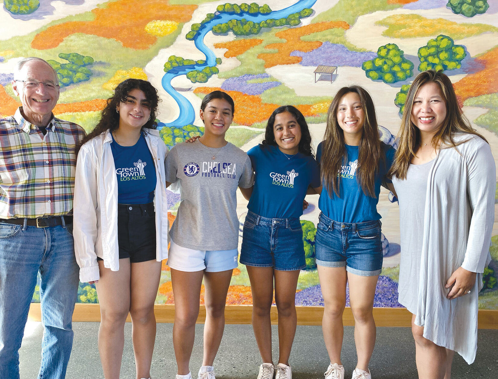 GreenTown Los Altos summer interns undertook projects aimed at making the community more sustainable. Pictured, from left, are former GreenTown Los Altos president Gary Hedden; interns Farida Abd el hak, Ellie El-Fishawy, Naina Srivastava and Hannah Cushing; and board member Glenda Chang, who oversaw this year’s summer internship program.